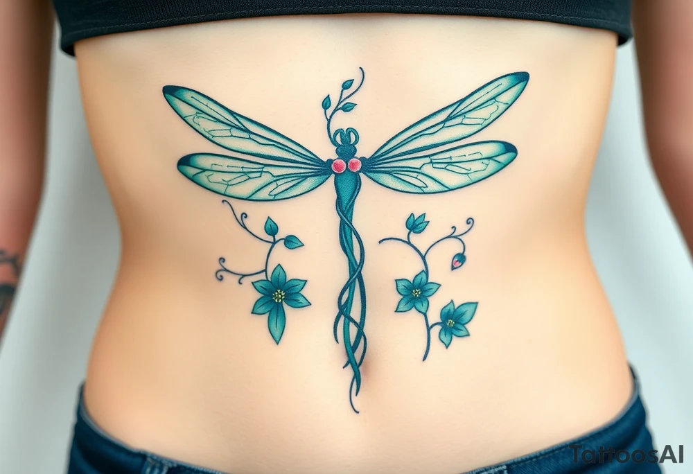A cross made of twisting vines and flowers, with dragonfly-like wings in shades of teal and green tattoo idea