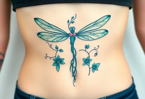 A cross made of twisting vines and flowers, with dragonfly-like wings in shades of teal and green tattoo idea