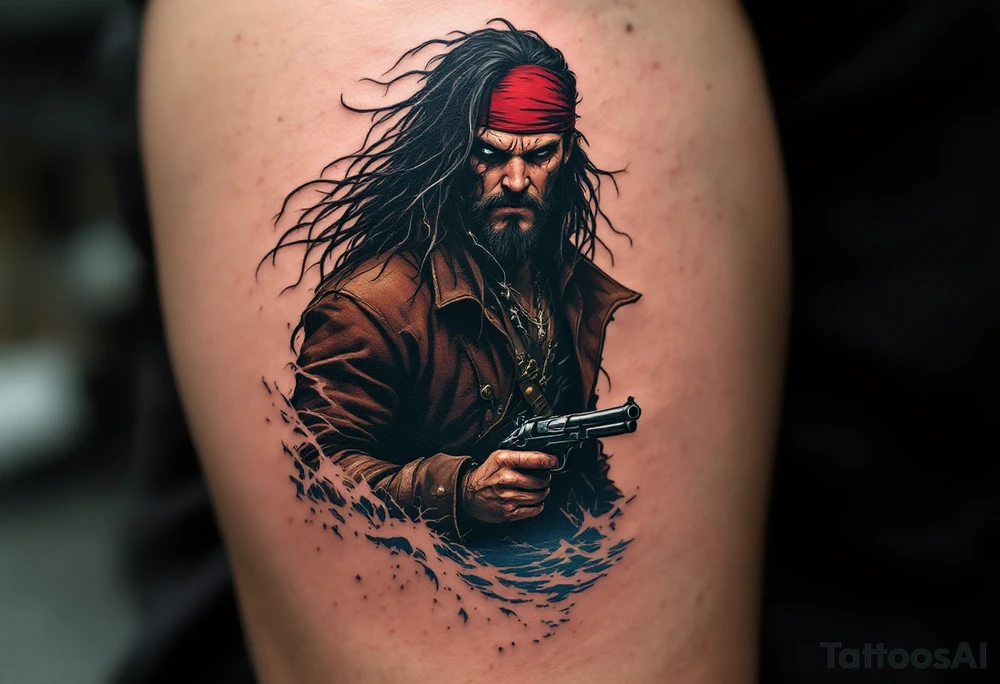 Stormborn Marauder – A fierce pirate with long, tangled black hair, wearing a deep red bandana and a brown leather coat. He holds a flintlock pistol, his scarred face half-hidden by shadows, standing before a lightning-lit sea. tattoo idea