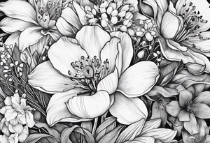 Collage of violets, water lily's, irises, lily of the valley, hawthorn, cosmos, daffodils tattoo idea