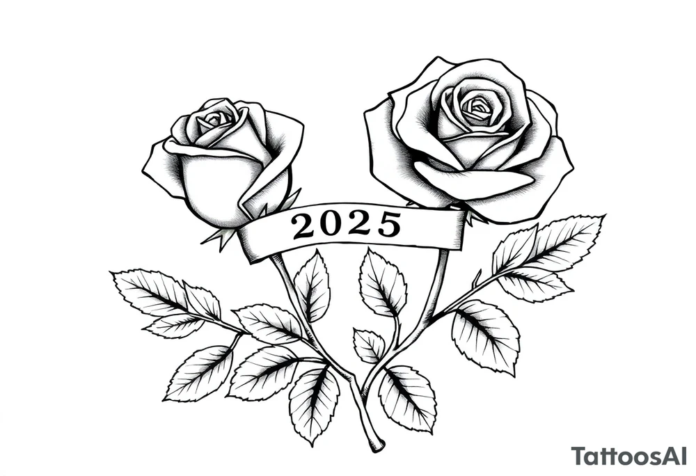 two beautiful large rose buds, one larger than the other, with many leaves and their stems intertwined, with one sitting higher than the other. Include a banner connecting the two roses with "2025" on it.  The word "Rose" written in Kanji above the drawing.  Use dark outlines with little shading. The two stems should be short, not long, and connect and join into one stem, whimsically curved or twisted - not straight down. tattoo idea
