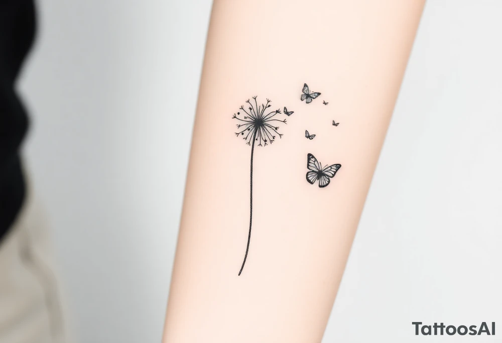 a dandelion and two (2) minimalistic butterflies flying around it. The path of the butterflies is shown tattoo idea