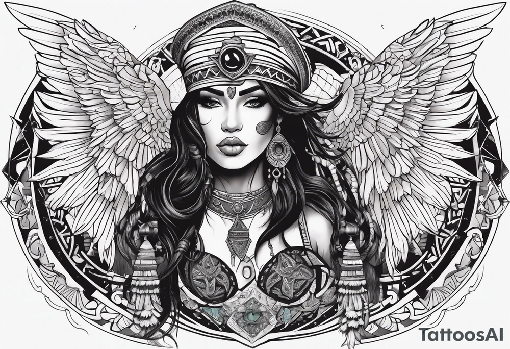 valkrye, kali, pirate, goddess, native american, zen, ooking right, left chest, wing tattoo idea