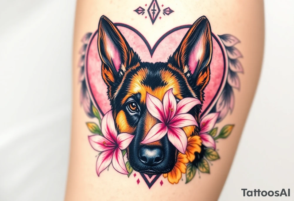 elegent looking german shepherd dog with pink lily flowers in front of sacred heart tattoo idea