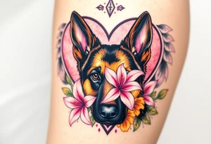 elegent looking german shepherd dog with pink lily flowers in front of sacred heart tattoo idea