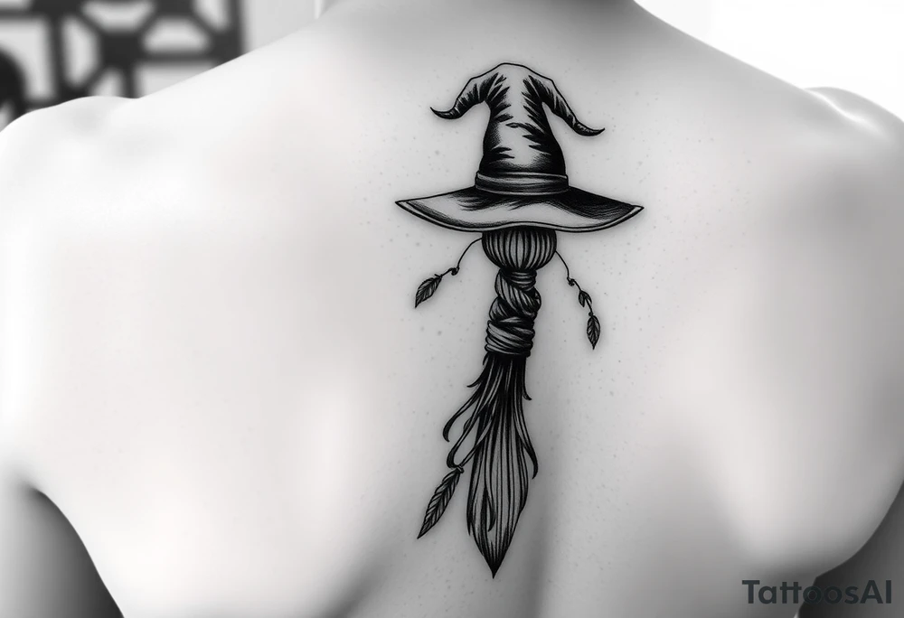 Which is broom with a witches hat with vines and feathers 
Smaller broom with hat placed on top or in the middle
Feminine and on a leg tattoo idea