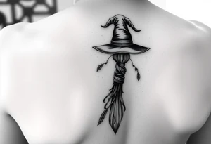 Which is broom with a witches hat with vines and feathers 
Smaller broom with hat placed on top or in the middle
Feminine and on a leg tattoo idea