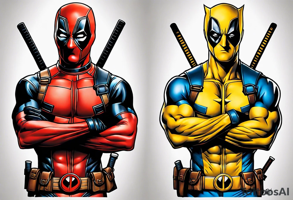 The tattoo features Deadpool and Wolverine in a highly realistic style. Deadpool, dressed in his detailed red and black costume, stands in a combat-ready pose, his katanas brilliantly rendered in hand. Beside him, Wolverine showcases his imposing musculature in his yellow and blue costume, with his adamantium claws extended and gleaming. Their expressions, one mischievous and the other fierce, are captured with precision, highlighting their distinct personalities. The scene focuses solely on the characters, with a minimalistic background to emphasize their dynamic and powerful presence. tattoo idea