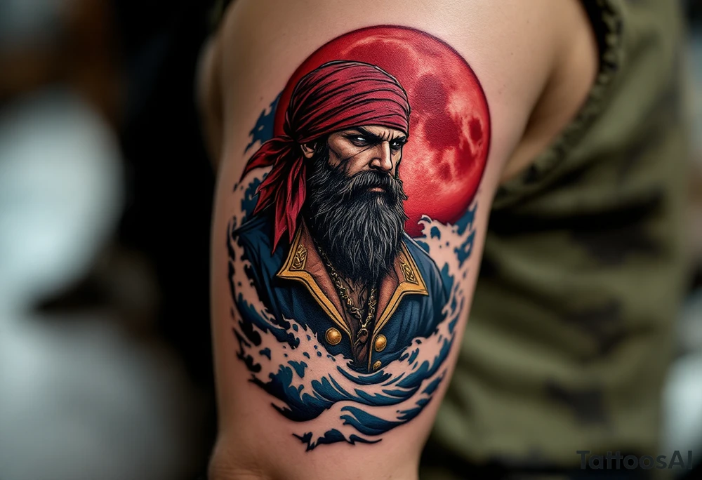 Blood Moon Buccaneer – A rugged pirate captain with a thick black beard, standing on the deck of a ship under a crimson full moon. His deep red bandana and gold-trimmed navy coat contrast with the eerie dark blue ocean waves crashing around him. tattoo idea