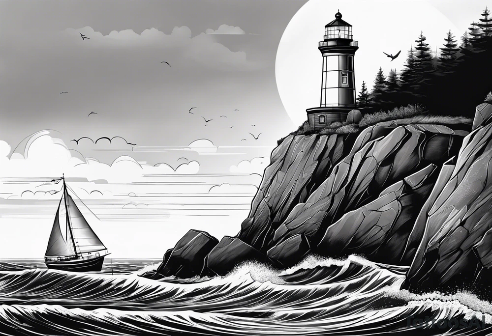 maritime lighthouse partially hidden by its large fixed sail. calm sea reflection. tattoo idea
