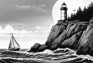 maritime lighthouse partially hidden by its large fixed sail. calm sea reflection. tattoo idea