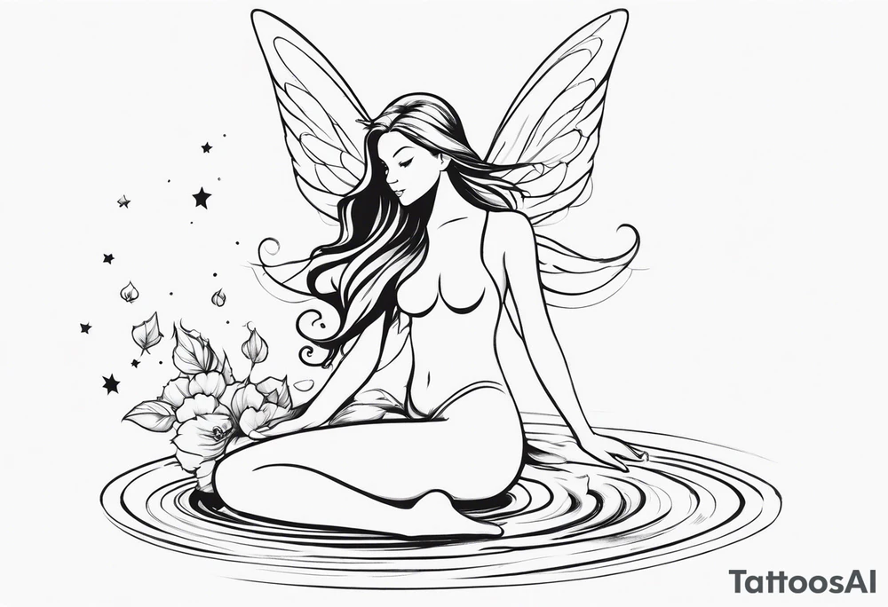 Minimalistic, monochromatic fairy with a tail flying to the left in a fetal position, leaning and looking in the same direction, with visible hands, embodying the 'Fairy Tail' logo aesthetic. tattoo idea
