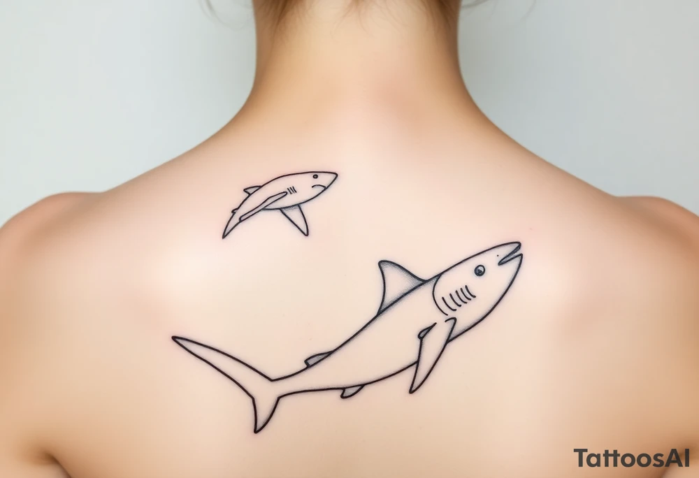 one lemon shark and one whale shark swimming upwards towards the neck in a line tattoo idea