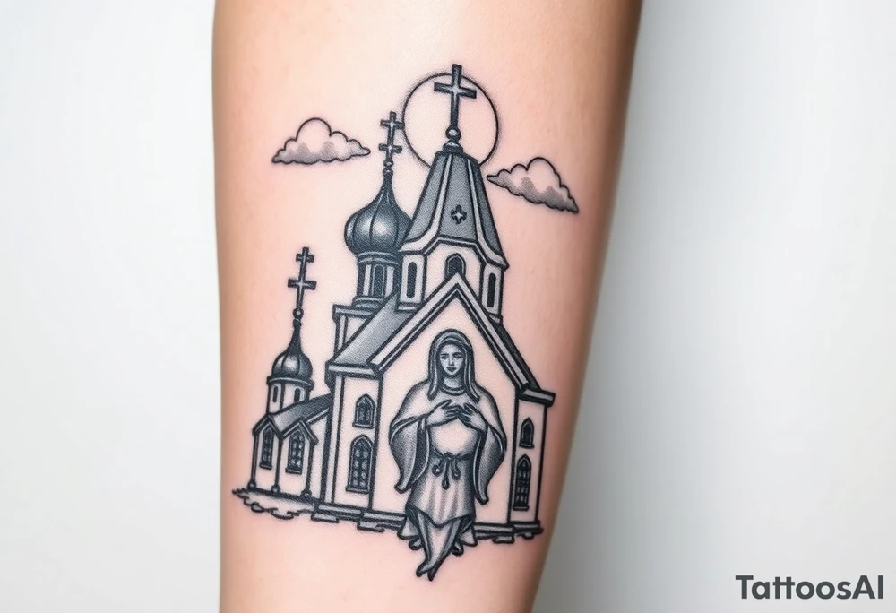 Russian Orthodox church with orthodox spire crosses, with a glow around the church, clouds above it and a virgin mary seperately looking over hands on heart sat above tattoo idea