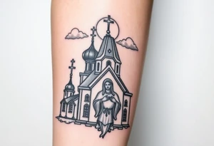 Russian Orthodox church with orthodox spire crosses, with a glow around the church, clouds above it and a virgin mary seperately looking over hands on heart sat above tattoo idea