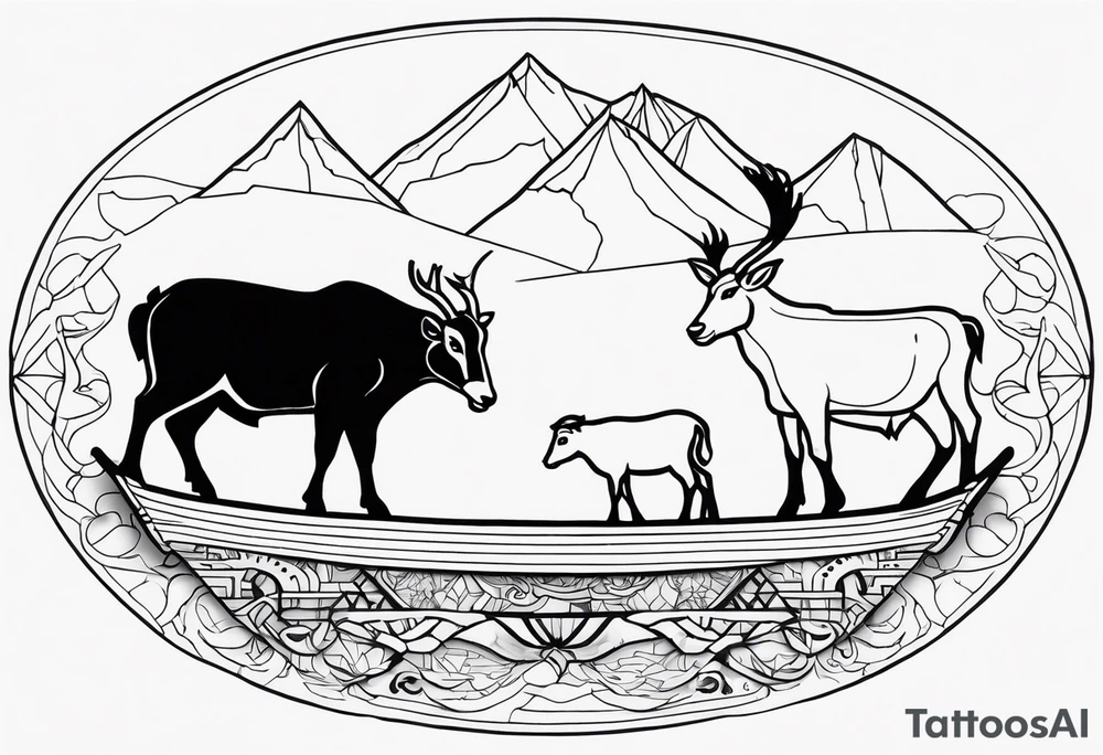 A badger, a goat and a reindeer on an ark inside the outlines of Map of Mallorca tattoo idea