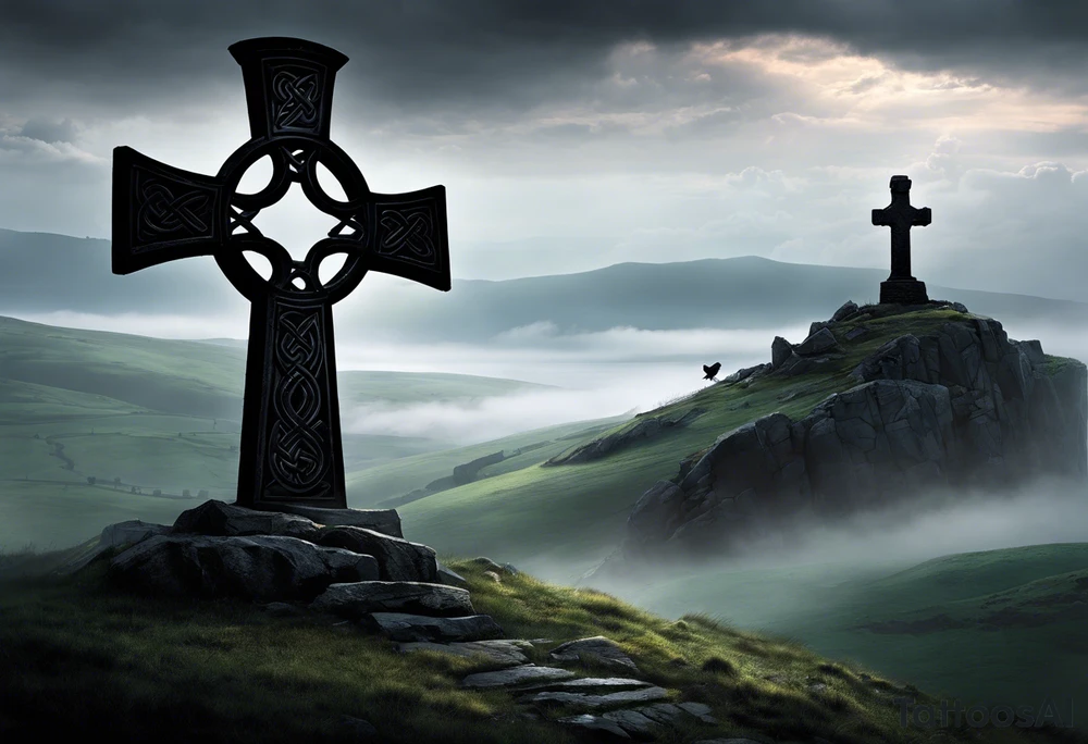 A stone Celtic cross solemnly standing atop a hill, a raven perches atop the cross staring out over the desolation. A ruined stone wall lies crumbling near the cross. Mist rolls along the hilltops adding to the melancholic nature of the scene tattoo idea