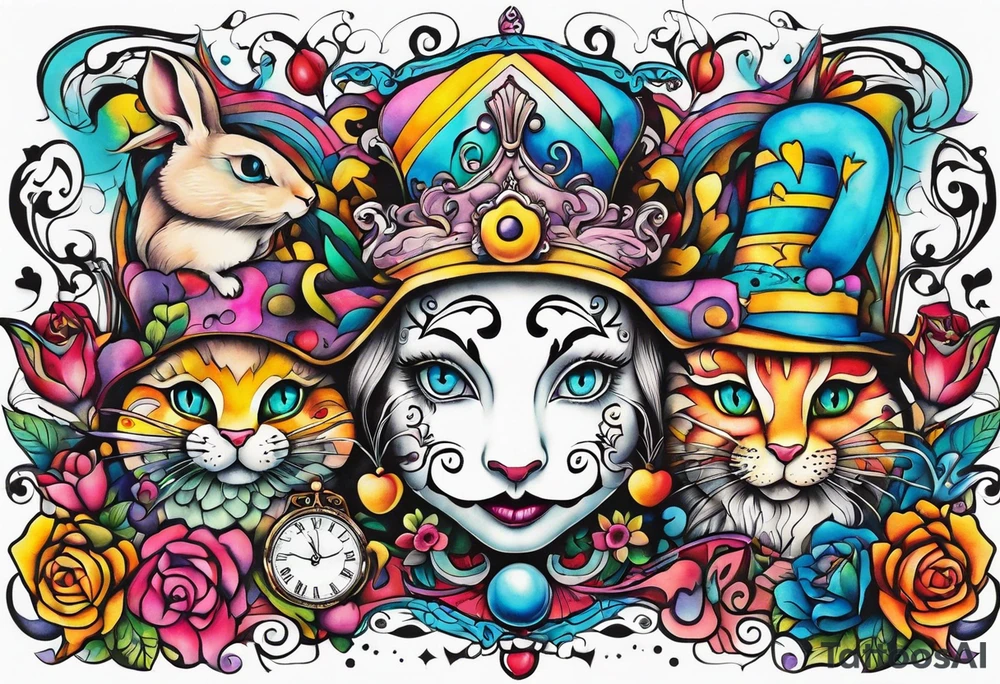 Alice in wonderland themed very colorful tattoo idea