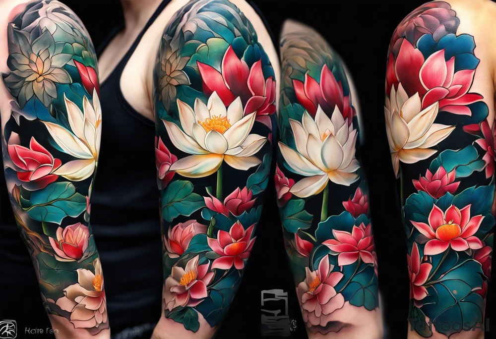 A sleeve with a a Rhaven A white Lotus 1990 and something showing change with the Rhaven tattoo idea