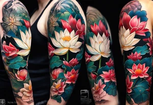 A sleeve with a a Rhaven A white Lotus 1990 and something showing change with the Rhaven tattoo idea
