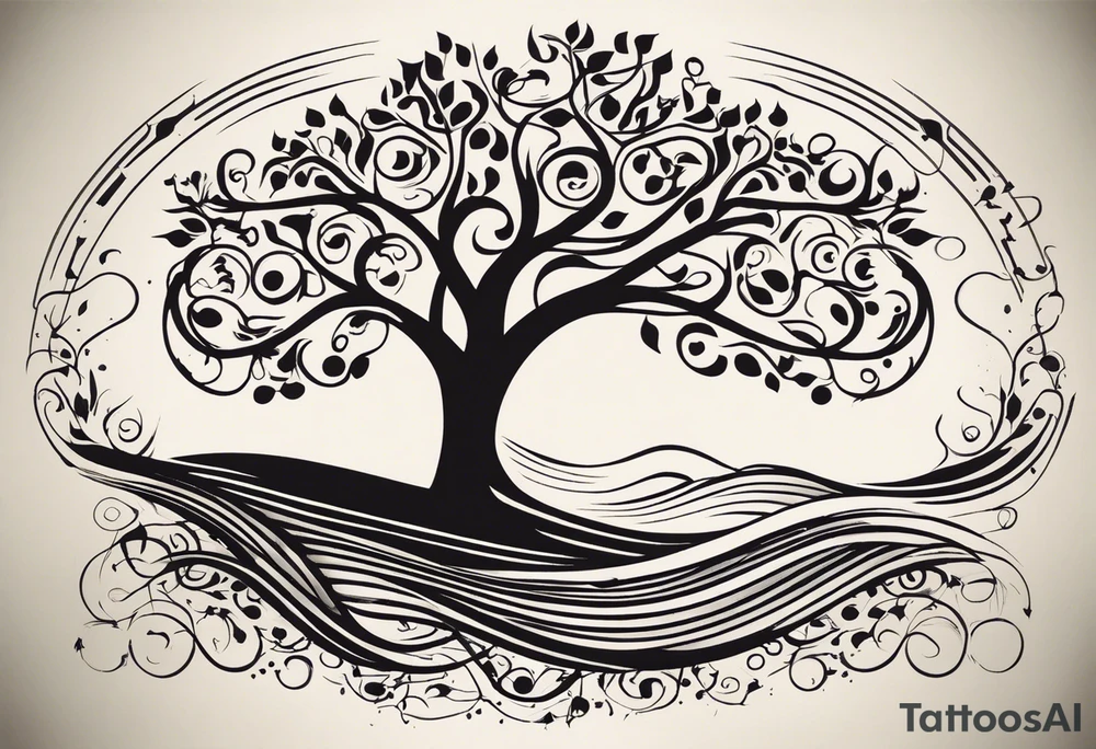A tattoo design that incorporates the following elements: an abstract tree of life that has roots emerging  from the ground. Waves of water wrap around the tree in a non symmetrical design.  Incorporate musical notes into the tree. the letters U and A are overlapping and engraved into the tree. incorporate a golf ball or golf course symbols like a flag but not prominent. tattoo idea
