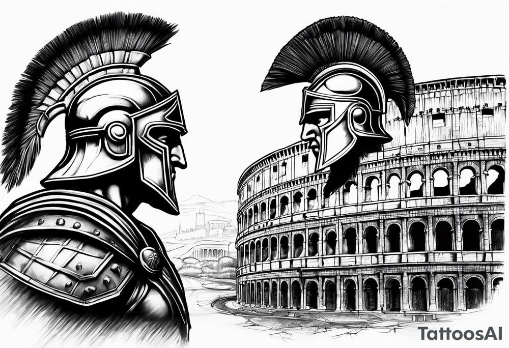 Side profile of spartan soilder with Rome Pantheon and colosseum in background tattoo idea