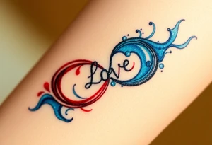 A fire and water-themed infinity symbol, with "Love" written where the two elements meet—flames in deep red and blue waves blending seamlessly tattoo idea