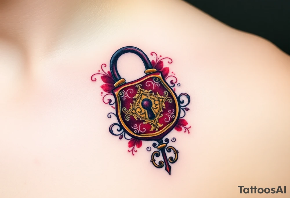 A vintage lock and key in deep burgundy and gold, with intricate filigree patterns tattoo idea