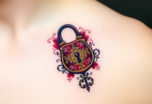 A vintage lock and key in deep burgundy and gold, with intricate filigree patterns tattoo idea