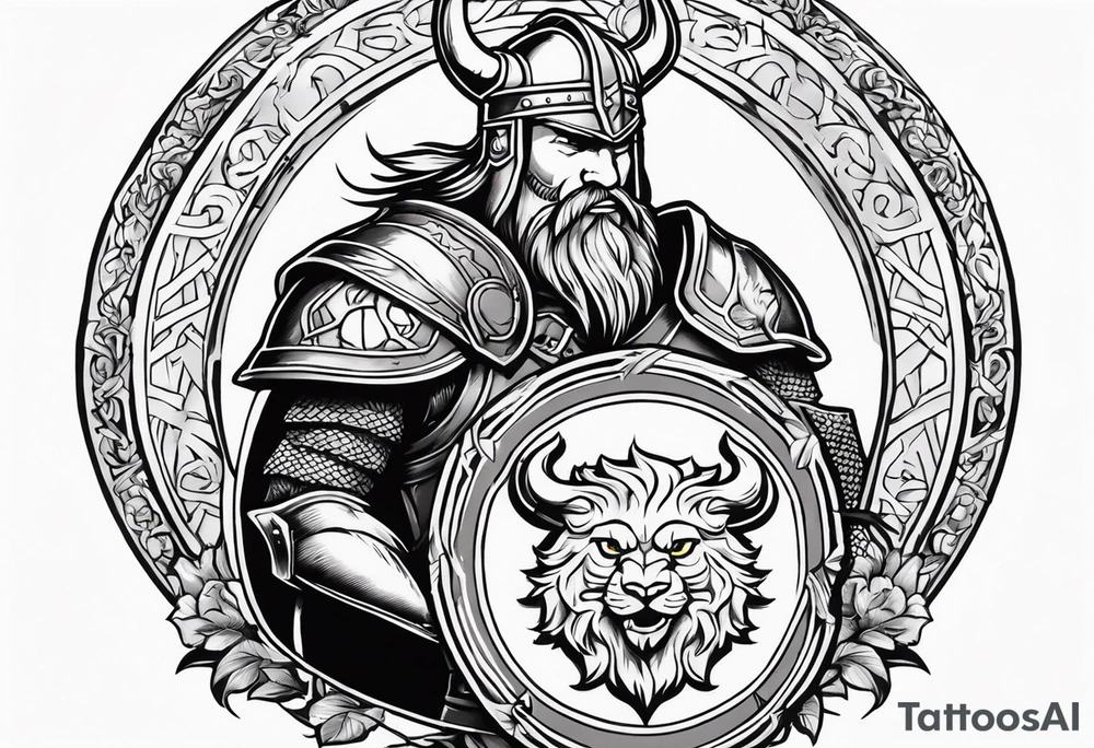 Create sleeve Tattoo of  a viking warrior with holding a shield and axe and on the shield have a gold lion from a coat of arms, tattoo idea