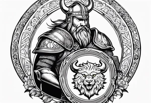Create sleeve Tattoo of  a viking warrior with holding a shield and axe and on the shield have a gold lion from a coat of arms, tattoo idea