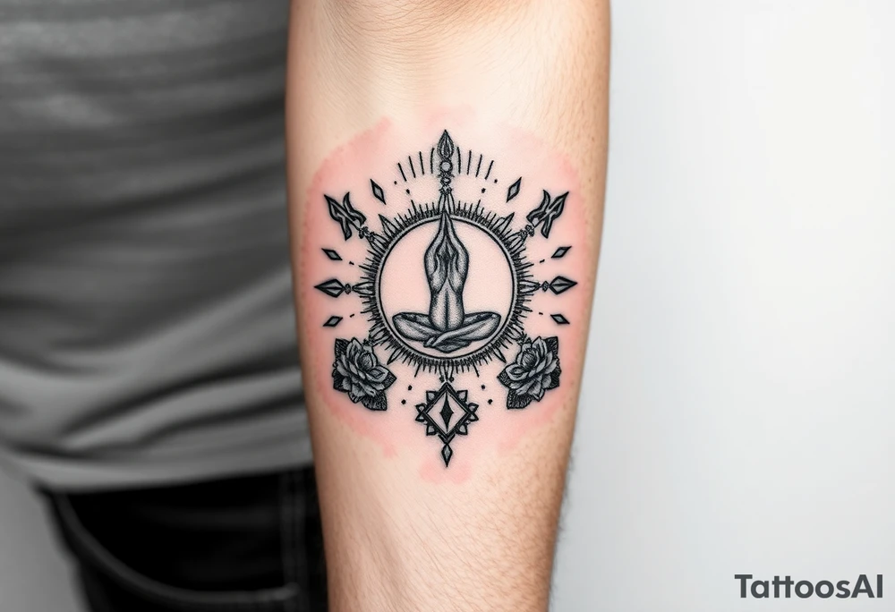 A symbol of victory over enemies surrounded by symbols of meditation and a new life tattoo idea