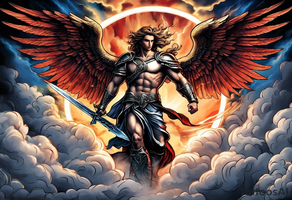 Michael the Archangel defeating the devil.  clouds and lightning in background tattoo idea