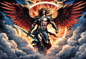 Michael the Archangel defeating the devil.  clouds and lightning in background tattoo idea