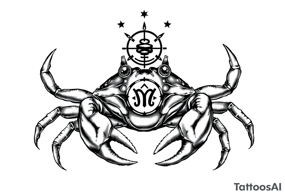 A crab with a defensive pose with an unnatural face its claws scary with a zodiac symbol prominent and has extra long legs and big etes tattoo idea