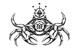A crab with a defensive pose with an unnatural face its claws scary with a zodiac symbol prominent and has extra long legs and big etes tattoo idea