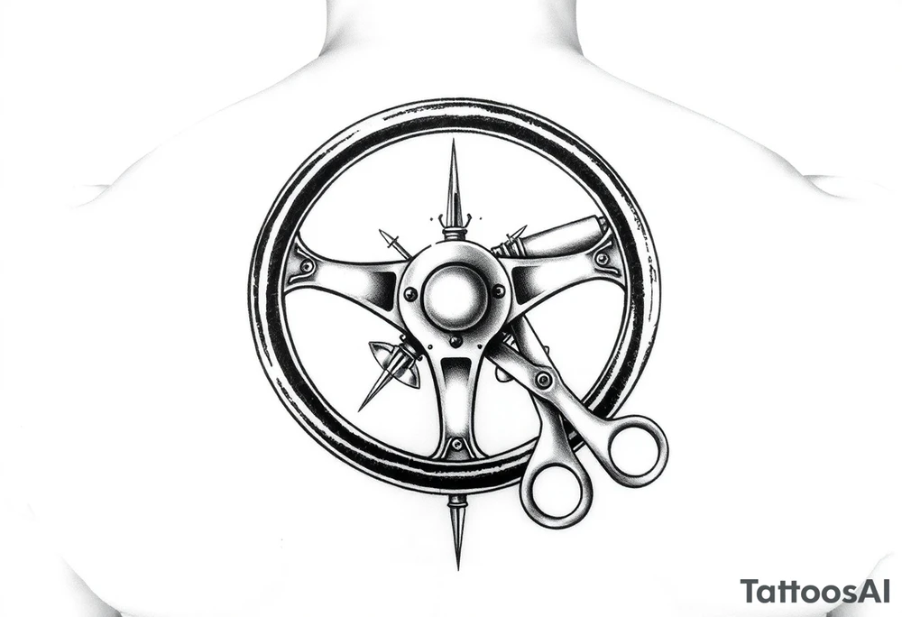 Put together a steering wheel, a misty fanglue for mortar and scissors for sheet metal in one tattoo tattoo idea