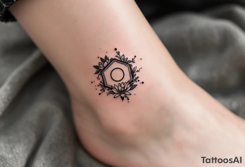 hexagon with Leo astrological symbol surrounded by larkspurs and water lilies tattoo idea