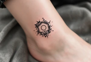 hexagon with Leo astrological symbol surrounded by larkspurs and water lilies tattoo idea