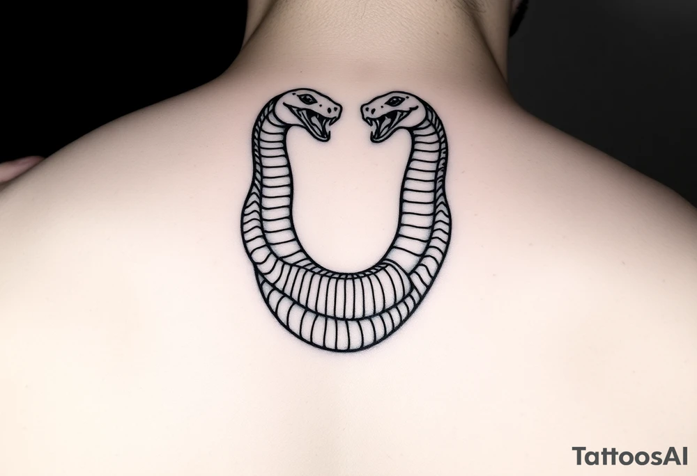 Id like a back tattoo with two snakes.  The illustration should be minimal with "skin-break."  I'd like the tails to be intertwined to accentuate my upper buttocks/upper butt crack, and Id like the snakes to moving upwards to the upper back, with the heads stopping just under my shoulder blades.  Almost like a "V shape" but very organic, like a symmetrical winding road.  Id like the tattoo to be sexy and accentuate my back to make my waist look small.  Black and white. Minimal.  Fine line. Please use a male body type. tattoo idea