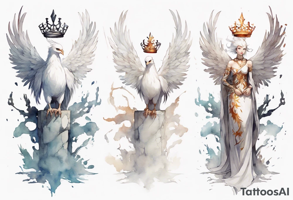 a white phoenix wearing a minimalist iron crown, standing on a stone throne tattoo idea