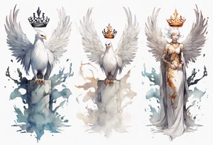 a white phoenix wearing a minimalist iron crown, standing on a stone throne tattoo idea