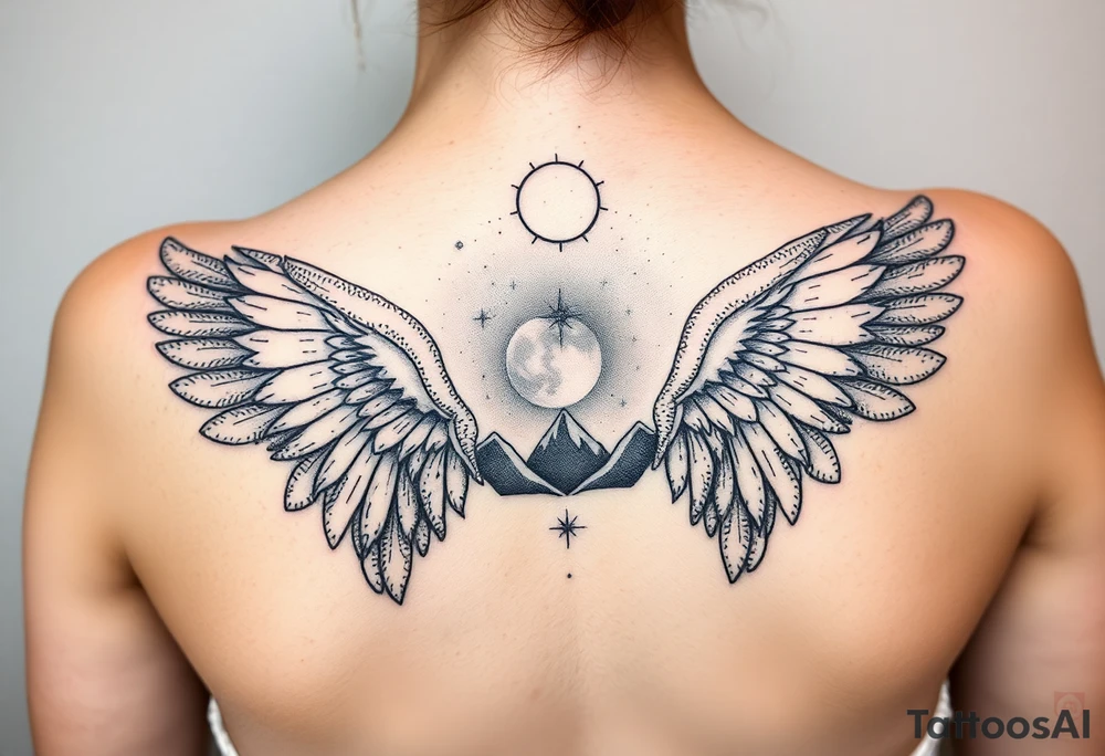Night sky with constellation, stars  & moon seen from a frame of natural landscape angel wings spiritual tattoo idea