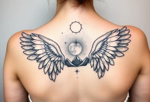 Night sky with constellation, stars  & moon seen from a frame of natural landscape angel wings spiritual tattoo idea