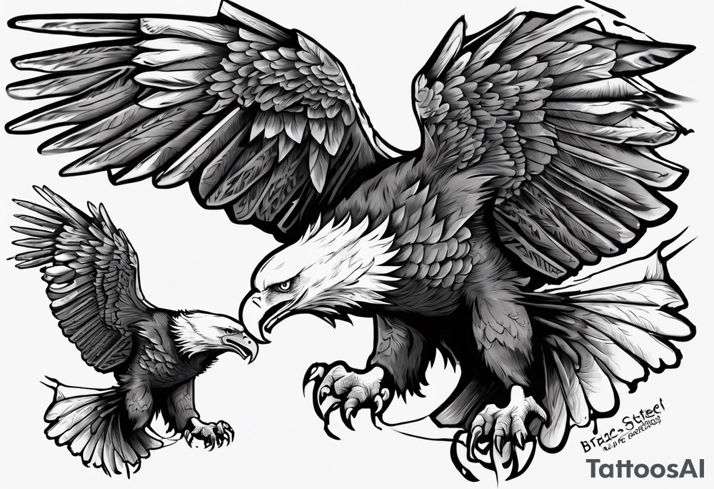 swooping bald eagle
, with the words "you shall prove yourself in the bitter end" along the top and on the bottom the words "but for now, brace yourself." tattoo idea