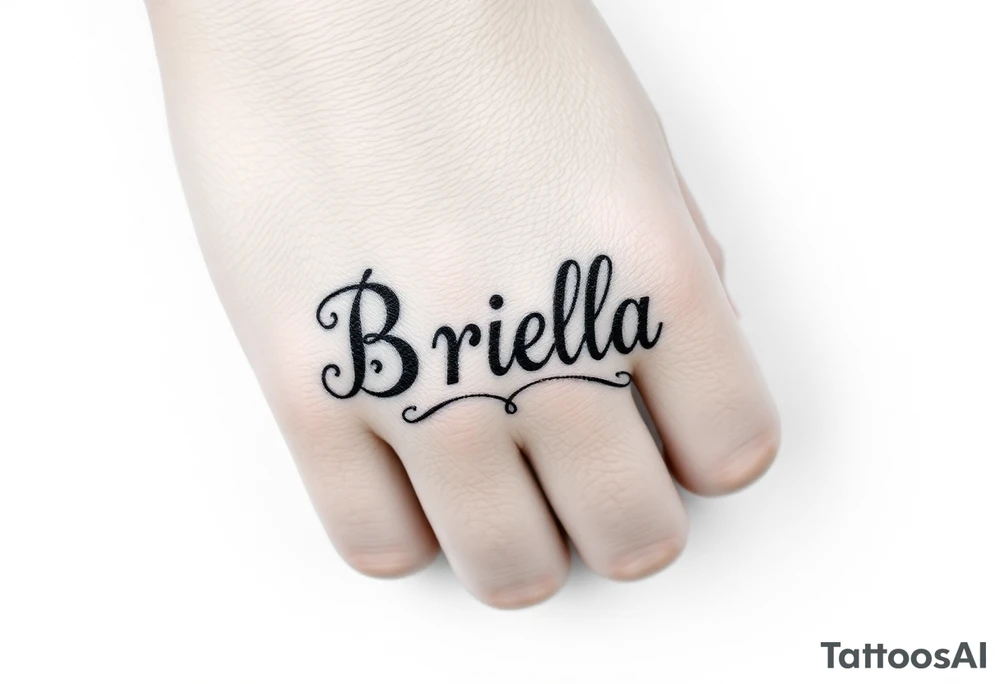 "Briella" in old English style on hand along thumb tattoo idea