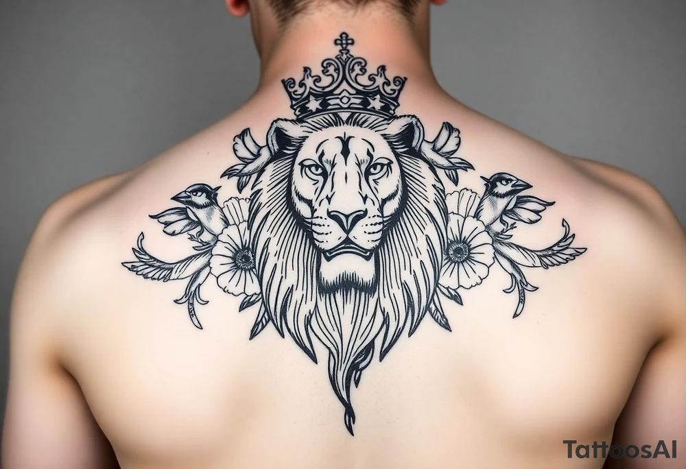 powerful majestic lion with a crown, surrounded by floral ornaments and birds tattoo idea