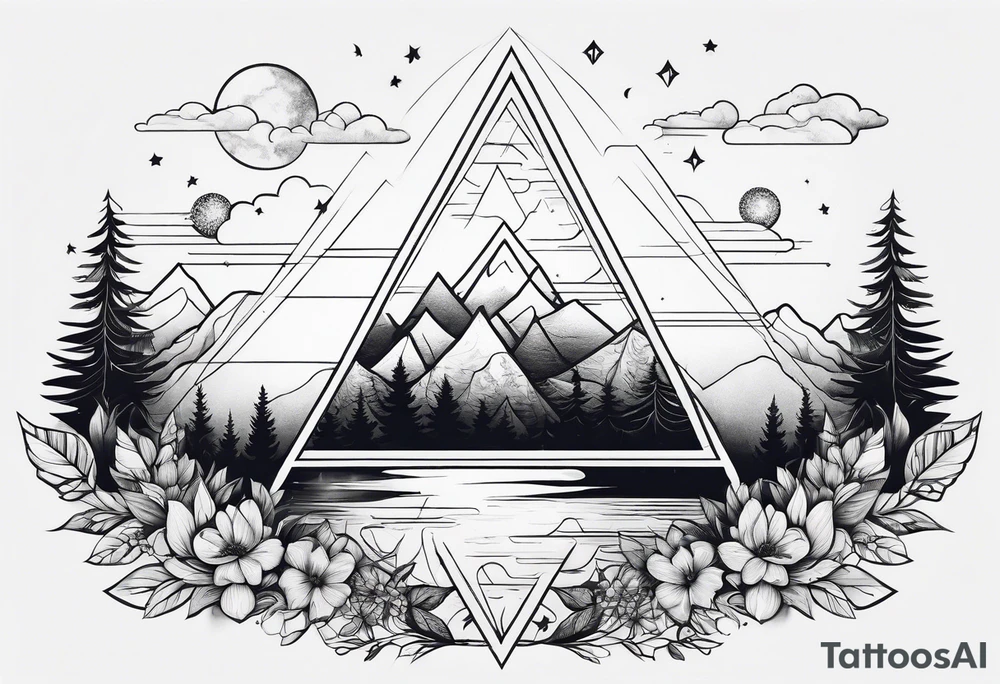 minimal thick line art of space and nature in triangle shape tattoo idea
