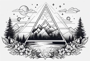 minimal thick line art of space and nature in triangle shape tattoo idea