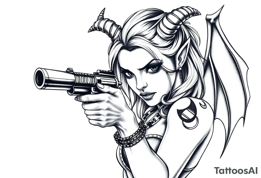 demon girl holding gun tattoo idea